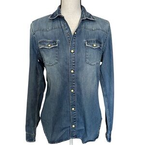 The Kooples Fitted Denim Shirt Long Sleeve Snap Button Blue Jean Size Small